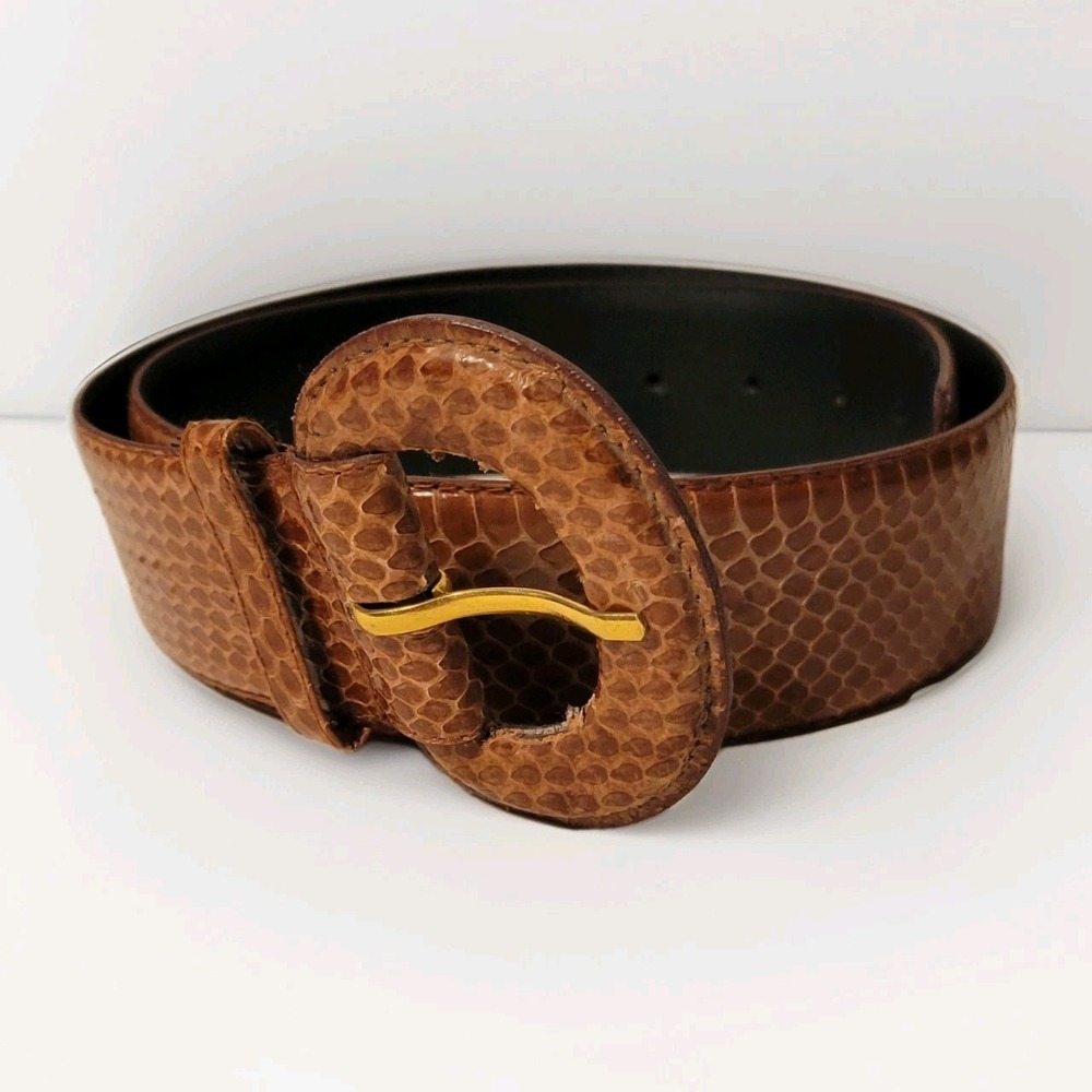 Vintage Morgan Taylor Brown Snake Skin Thick Belt Gold Tone Buckle Med 29"-33"